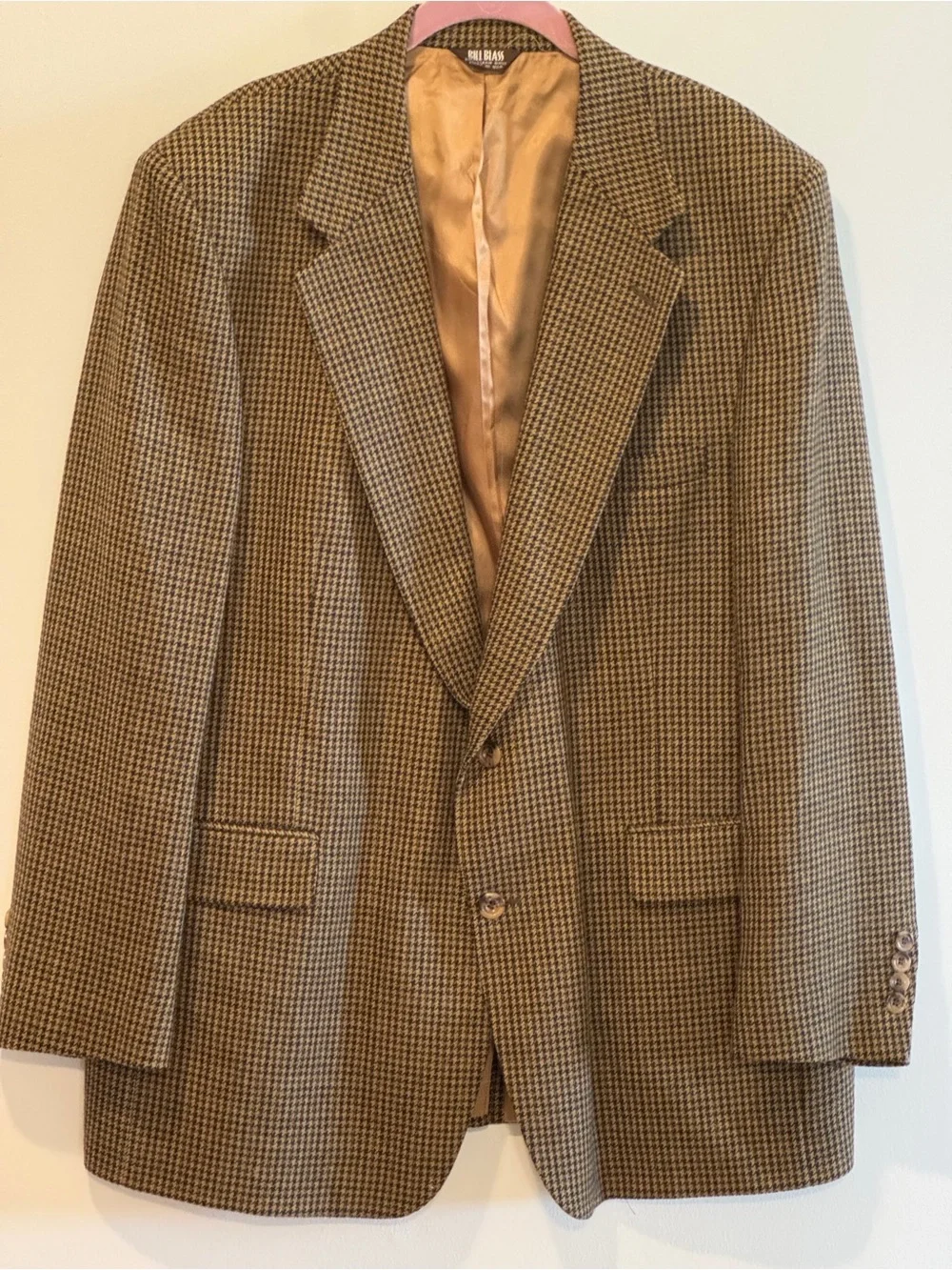 Vintage Bill Blass Pure Wool Houndstooth Overcoat  Tan Blue Classic USA